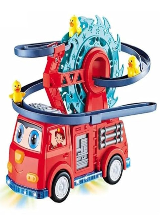 TOYVELLY مجموعة TOYVELLY 5 في 1 لمحرك الإطفاء، مسار سباق بط دوار، عجلة فيريس دوارة، شاحنة إطفاء بعيون متحركة، موسيقى وأضواء - Image 1